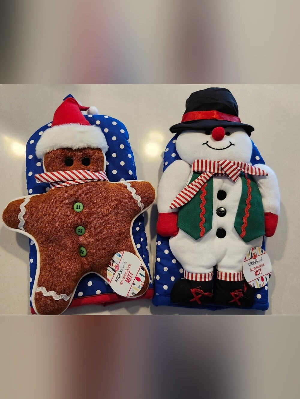 Festive Blue Polka Dot Gingerbread & Snowman Kitchen Mitt Set